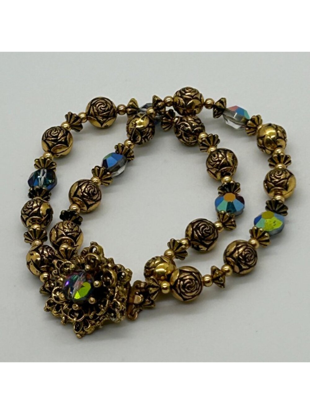 Vintage Gold Tone Rose Bead Aurora Borealis AB Crystal Multi Strand Bracelet
